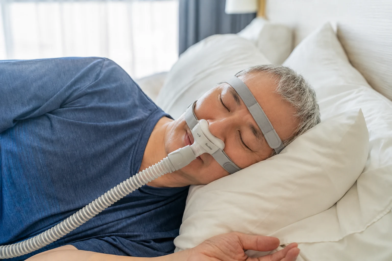 Pria menggunakan masker CPAP saat tidur — program penyewaan dan trial alat terapi